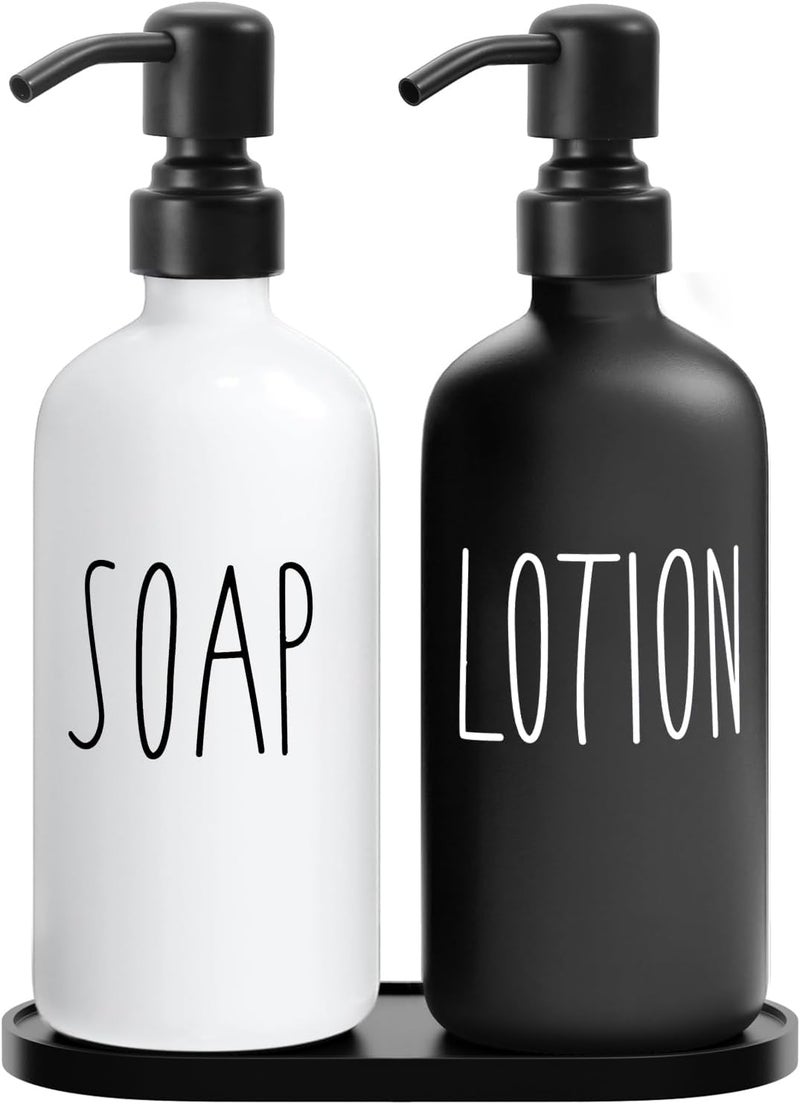 MOMEEMO Glass Soap Dispenser with Stainless Steel Pump, Contains Lotion Dispenser, Hand Soap Dispenser & Tray. (Black & White) - Image 1